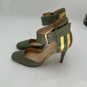 Nine West Green Leather Pumps Ankle Strap Gold Buckle Square Toe Heels
